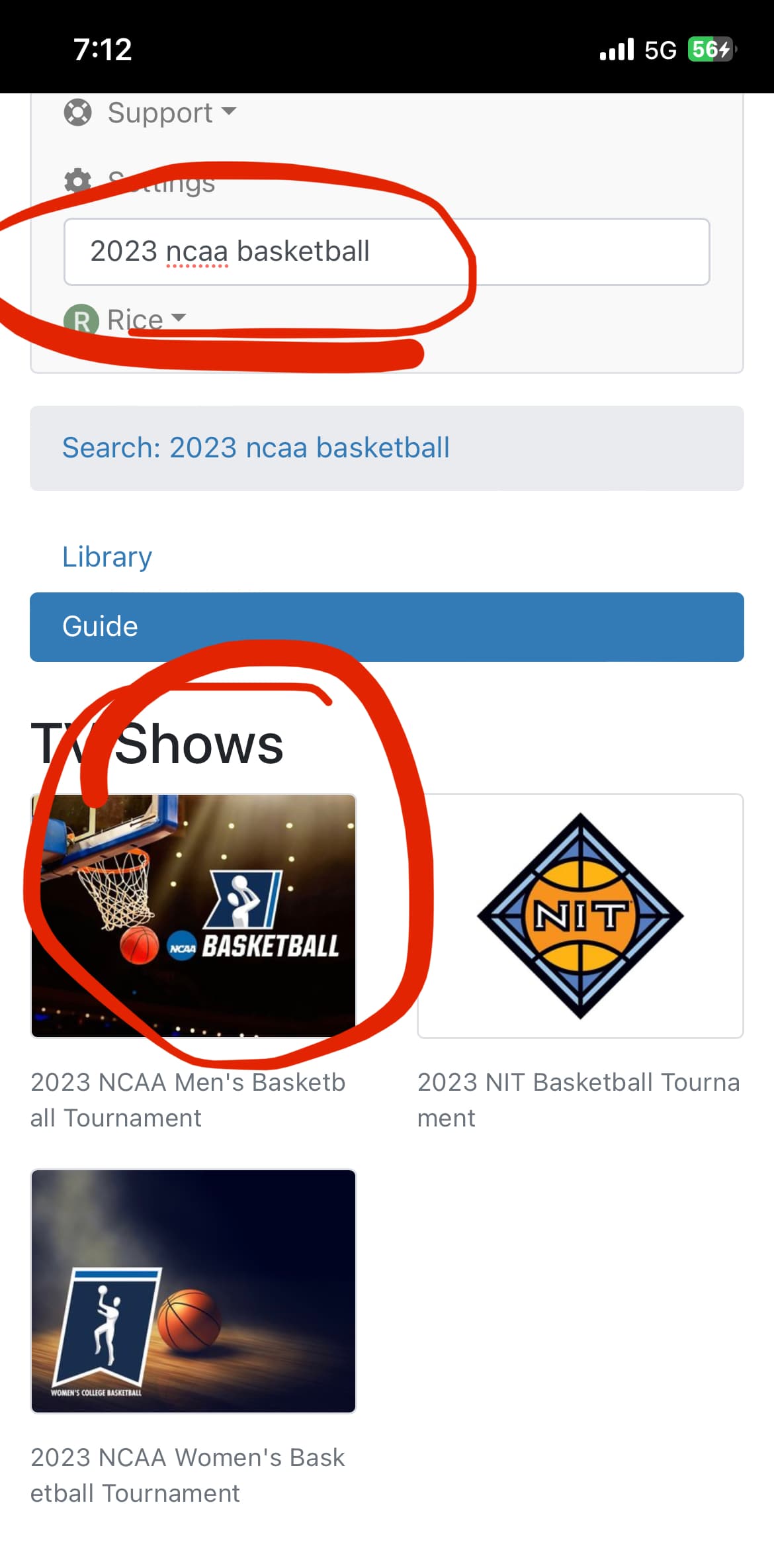 Need longer list of search results for March Madness Channels DVR